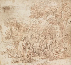 並木道で巡回ミュージシャンを聴く農民